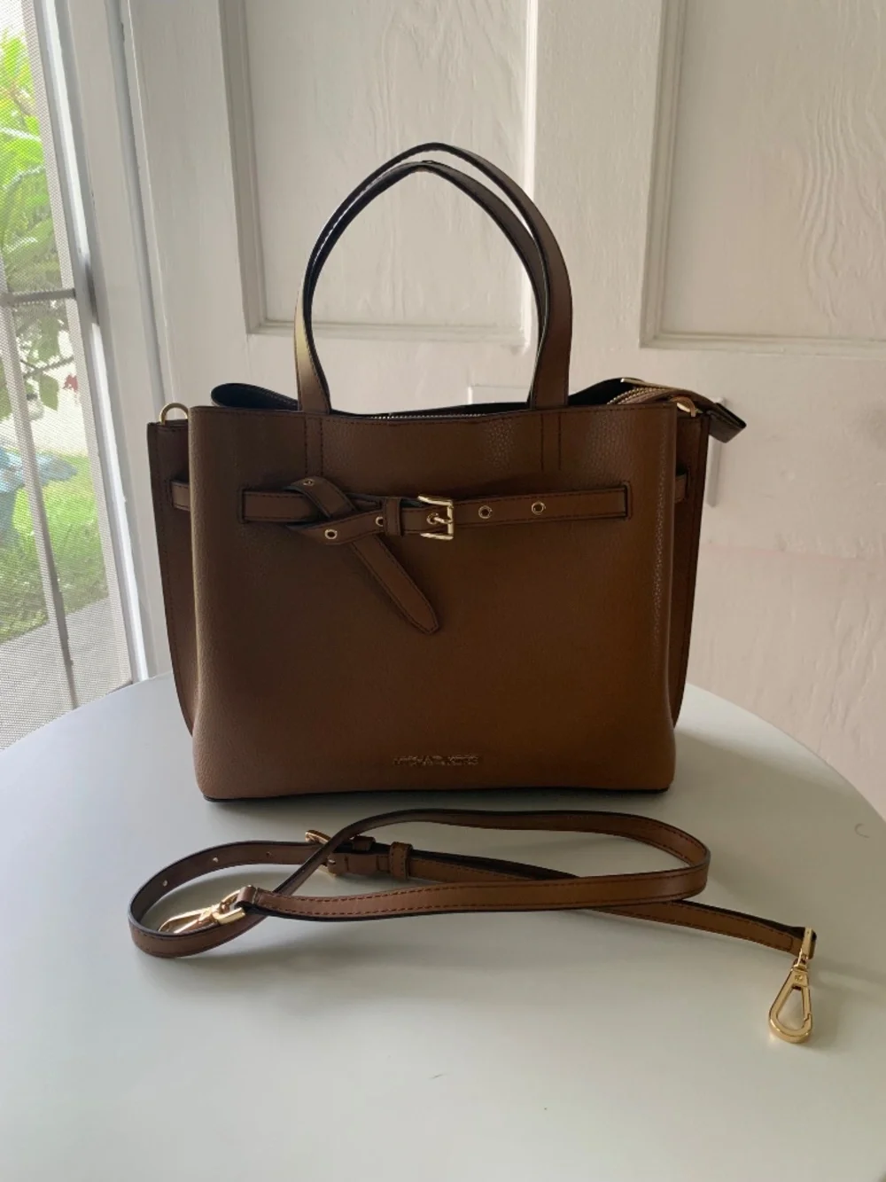 Michael Kors Emilia Large Pebbled Leather Satchel Crossbody Bag Luggage Brown